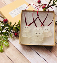 Load image into Gallery viewer, Set of 3 Genuine Sea Glass Snowman Ornaments