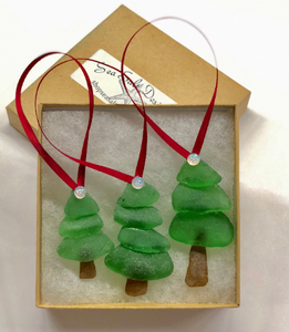 Set of 3 Genuine Sea Glass Christmas Tree Ornaments
