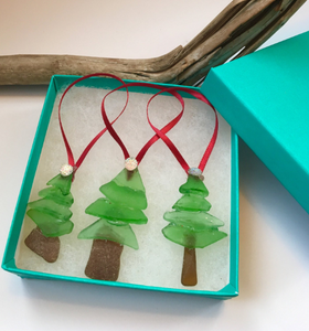 Set of 3 Genuine Sea Glass Christmas Tree Ornaments