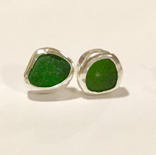 Load image into Gallery viewer, Emerald Green genuine sea glass stud/post earrings