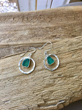 Load image into Gallery viewer, Hammer Textured Silver Circle Earrings with Genuine Sea Glass