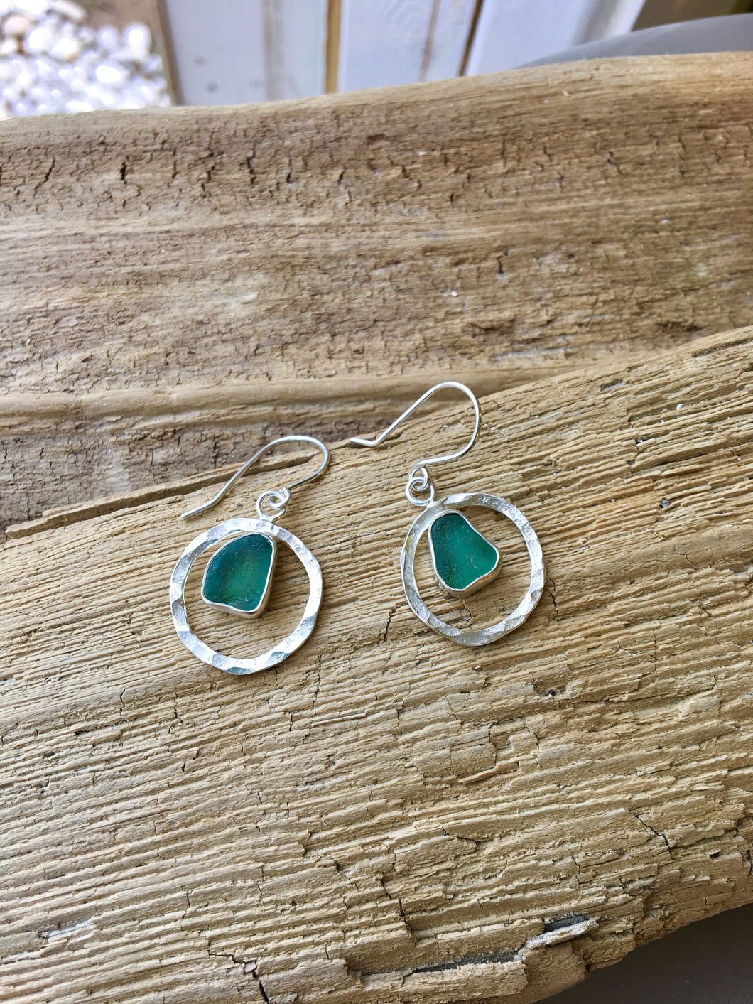 Hammer Textured Silver Circle Earrings with Genuine Sea Glass