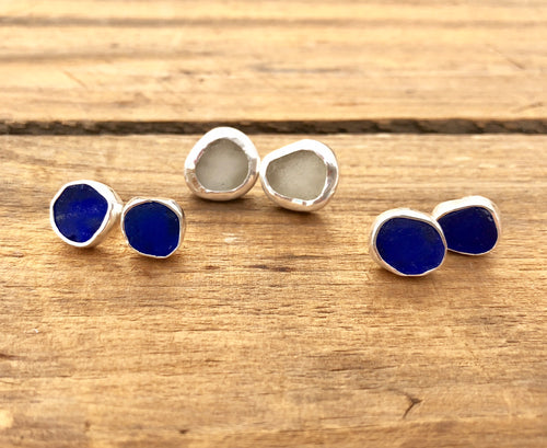 Cobalt blue genuine sea glass stud/post earrings