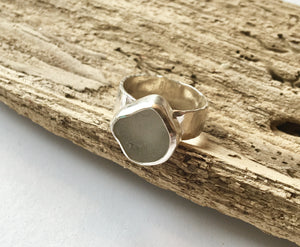 Genuine Sea Glass Ring on Wide Textured Band