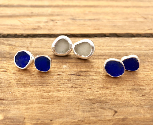 White Genuine Sea Glass Stud Earrings