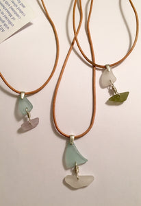 Sea Glass Sailboat on natural leather cord with sterling silver components