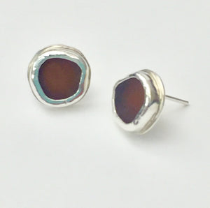 Brown genuine sea glass stud/post earrings