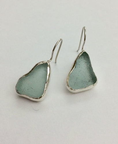 Sea Foam Green Genuine Sea Glass Earrings Bezel Set in Sterling Silver