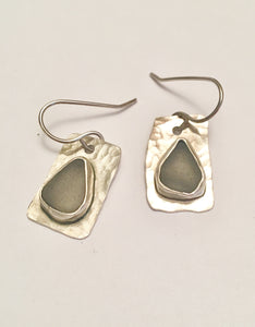 Hammer textured sterling silver and genuine sea glass earrings